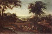 An extensive river landscape with drovers and their animals, unknow artist